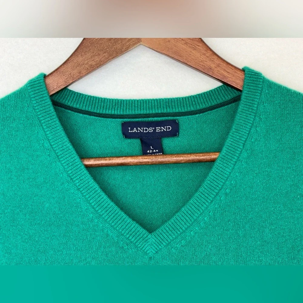 LAND'S END‎ Men's Cashmere Sweater Emerald Green V-Neck Pullover Long Large